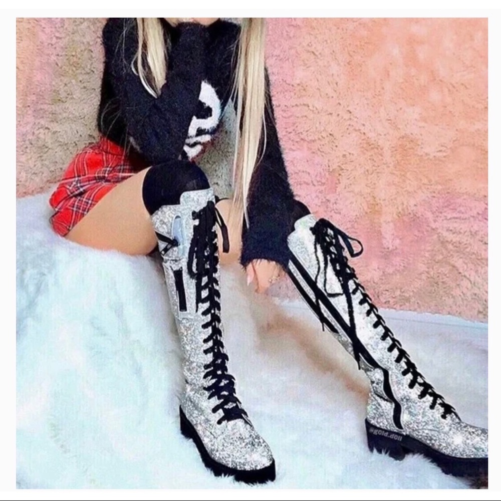 DOLLS KILL CLUB EXX ICY BLING BRIGADE COMBAT POCKET BOOTS